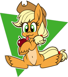 Size: 3257x3665 | Tagged: safe, artist:tridashie, applejack, earth pony, pony, g4, apple, belly button, eye clipping through hair, female, food, full body, herbivore, high res, hoof hold, mare, pale belly, simple background, solo, transparent background, unshorn fetlocks