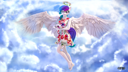 Size: 1920x1080 | Tagged: safe, artist:anthroponiessfm, oc, oc:aurora starling, pegasus, anthro, plantigrade anthro, 3d, angelic wings, anthro oc, barefoot, clothes, cloud, cute, dress, feet, female, floral head wreath, flower, flying, glasses, jewelry, looking at you, pendant, sky, smiling, source filmmaker, wings