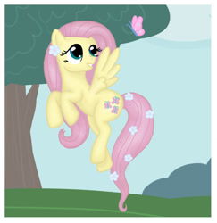 Size: 1144x1176 | Tagged: safe, artist:luciekj, fluttershy, butterfly, pegasus, pony, g4, 2013, female, flower, flower in tail, flying, mare, old art, solo, tail, tree