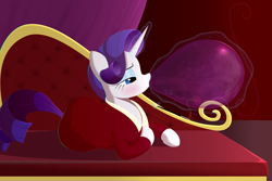 Size: 8000x5333 | Tagged: safe, alternate version, artist:mizhisha, rarity, pony, unicorn, g4, balloon, blowing up balloons, blue eyeshadow, blushing, cigarette, cigarette holder, classy, clothes, couch, curtains, eyeshadow, female, glowing, glowing horn, horn, inflating, lidded eyes, lineless, magic, makeup, mare, red background, robe, simple background, smoking, solo, telekinesis, that pony sure does love balloons
