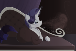 Size: 8000x5333 | Tagged: safe, alternate version, artist:mizhisha, rarity, pony, unicorn, g4, blowing smoke, cigarette, cigarette holder, classy, clothes, couch, curtains, eyeshadow, female, glowing, glowing horn, horn, lineless, magic, makeup, mare, noir, robe, smoking, solo, telekinesis