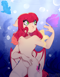 Size: 1632x2074 | Tagged: safe, artist:kisselmr, oc, oc only, oc:airi, bat pony, fish, anthro, bubble, commission, ocean, seaweed, solo, underwater, water