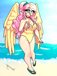 Size: 1800x2400 | Tagged: safe, artist:mylittleyuri, fluttershy, human, g4, alternate hairstyle, beach, blushing, breasts, busty fluttershy, choker, cleavage, clothes, cute, elf ears, feet, female, humanized, ocean, one-piece swimsuit, sand, sandals, shyabetes, solo, swimsuit, water, winged humanization, wings