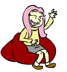 Size: 523x562 | Tagged: safe, artist:corwin, fluttershy, human, g4, clothes, eyes closed, female, grin, humanized, simple background, smiling, solo, sweater, waving, white background
