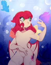 Size: 1632x2074 | Tagged: safe, artist:kisselmr, oc, oc only, oc:airi, bat pony, fish, anthro, bubble, commission, ocean, seaweed, solo, underwater, water