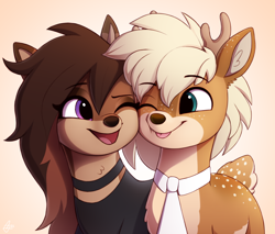 Size: 2000x1700 | Tagged: safe, artist:luminousdazzle, oc, oc only, oc:deeraw, oc:elmwood, deer, deer pony, original species, antlers, buck, chest fluff, clothes, deer oc, doe, duo, ear fluff, female, freckles, friends, long mane, looking at each other, looking at someone, male, markings, necktie, non-pony oc, purple eyes, shirt, smiling, smiling at each other, teal eyes