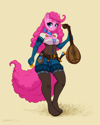 Size: 1600x2000 | Tagged: safe, artist:asimos, part of a set, pinkie pie, earth pony, anthro, plantigrade anthro, g4, bard, bard pie, breasts, cleavage, clothes, corset, fantasy class, female, gold, gold coins, gradient background, lute, melee weapon, musical instrument, shorts, solo, sword, weapon