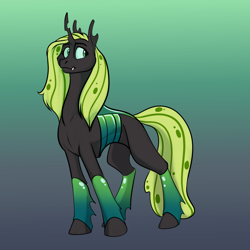 Size: 1000x1000 | Tagged: safe, artist:foxenawolf, oc, oc only, oc:princess diadem, changeling, fanfic:off the mark, changeling oc, changeling princess, concave belly, gradient background, green changeling, holeless, interspecies offspring, offspring, parent:oc:mark wells, parent:queen chrysalis, parents:canon x oc, solo