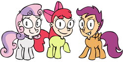Size: 1348x690 | Tagged: safe, artist:corwin, apple bloom, scootaloo, sweetie belle, earth pony, original species, pegasus, pony, unicorn, human head pony, g4, cutie mark crusaders, female, simple background, stitches, trio, white background