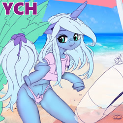 Size: 3000x3000 | Tagged: safe, artist:fd, semi-anthro, arm hooves, beach, bikini, bikini bottom, clothes, commission, high res, horn, shirt, solo, summer, swimsuit, t-shirt, your character here