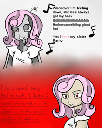 Size: 400x500 | Tagged: safe, artist:thespoonismightier, sweetie belle, human, robot, friendship is witchcraft, mentally advanced series, g4, angry, antenna, clothes, dialogue, female, frown, humanized, music notes, red eyes, self paradox, self ponidox, shirt, singing, smiling, sweetie bot, text, thrackerzod