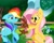 Size: 2100x1700 | Tagged: safe, artist:riottoonz, fluttershy, rainbow dash, pegasus, pony, rabbit, g4, may the best pet win, my little pony: friendship is magic, animal, colored hooves, duo, female, floppy ears, folded wings, holding, looking at someone, mare, open mouth, open smile, outdoors, partially open wings, raised hoof, raised leg, scene interpretation, sitting, smiling, standing, unshorn fetlocks, wings