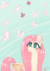 Size: 595x842 | Tagged: safe, artist:cyan7cloud, fluttershy, butterfly, pegasus, pony, g4, blushing, female, folded wings, looking at something, looking up, mare, solo, wings