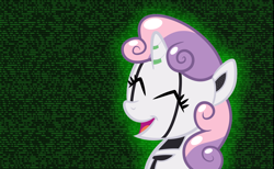 Size: 1540x951 | Tagged: safe, artist:java--jive, sweetie belle, pony, robot, robot pony, unicorn, g4, binary, eyes closed, female, filly, foal, horn, numbers, smiling, sweetie bot, wallpaper
