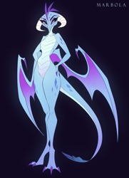 Size: 2137x2944 | Tagged: safe, artist:marbola, princess ember, dragon, g4, black background, curvy, dragoness, female, hand on hip, high res, hourglass figure, signature, simple background, smiling, solo, standing