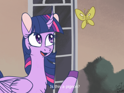 Size: 1280x960 | Tagged: safe, artist:cyan7cloud, twilight sparkle, alicorn, butterfly, pony, g4, colored hooves, curved horn, dialogue, female, folded wings, horn, is this a pigeon, looking at something, looking up, mare, meme, open mouth, outdoors, pointing, ponified meme, raised hoof, solo, subtitles, three quarter view, twilight sparkle (alicorn), wings