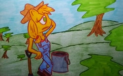 Size: 2181x1351 | Tagged: safe, artist:dex stewart, applejack, earth pony, anthro, g4, bucket, equine, shovel, solo, traditional art, tree