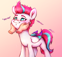 Size: 2294x2106 | Tagged: safe, alternate character, alternate version, artist:buttersprinkle, part of a set, zipp storm, human, pegasus, pony, g5, my little pony: a new generation, adorazipp, blushing, cute, disembodied hand, female, gradient background, hand, high res, mare, offscreen character, offscreen human, squeezing, squishy, squishy cheeks, zipp is a marshmallow