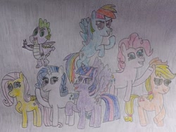 Size: 624x468 | Tagged: safe, artist:mr.myoozik, derpibooru exclusive, applejack, fluttershy, pinkie pie, rainbow dash, rarity, spike, twilight sparkle, alicorn, dragon, earth pony, pegasus, pony, unicorn, g4, blue eyes, blue hair, blue skin, curly hair, curly tail, dragon wings, eyelashes, female, flying, folded wings, green eyes, grin, group, hair tie, hat, horn, light skin, looking at you, male, mane seven, mane six, mare, multicolored hair, orange skin, peace sign, pink hair, pink skin, pose, pronking, purple eyes, purple hair, purple skin, raised hoof, red eyes, scales, skunk stripe, smiling, spread wings, tail, traditional art, twilight sparkle (alicorn), winged spike, wings, yellow hair, yellow skin