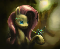 Size: 2280x1888 | Tagged: safe, artist:ciborgen, fluttershy, insect, mosquito, pony, robot, g4, augmented, bust, female, looking at something, mare, raised hoof, smiling, solo, three quarter view