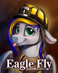 Size: 3268x4096 | Tagged: safe, artist:klarapl, oc, oc only, oc:eagle fly, pegasus, pony, :p, badge, female, firefighter, firefighter helmet, helmet, mare, solo, tongue out