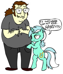 Size: 900x1057 | Tagged: safe, artist:corwin, lyra heartstrings, human, pony, unicorn, g4, bipedal, brony stereotype, clothes, female, hand, male, mare, simple background, that pony sure does love hands, white background