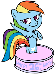 Size: 600x800 | Tagged: safe, artist:corwin, rainbow dash, pegasus, pony, g4, butt, cake, female, food, looking at you, mare, plot, popping out of a cake, simple background, solo, transparent background