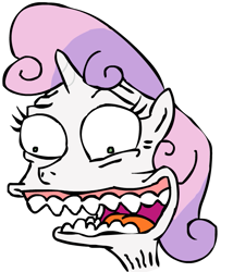 Size: 591x690 | Tagged: safe, artist:corwin, sweetie belle, pony, unicorn, g4, creepy, cursed image, female, male, mr. burns, simple background, simpsons did it, smiling, solo, teeth, the simpsons, white background