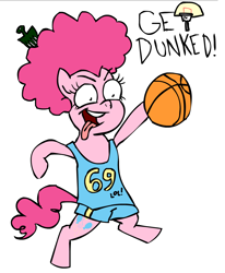 Size: 930x1128 | Tagged: safe, artist:corwin, pinkie pie, earth pony, pony, g4, basketball, bipedal, female, simple background, solo, sports, tongue out, white background