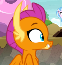 Size: 529x554 | Tagged: safe, screencap, silverstream, smolder, classical hippogriff, dragon, hippogriff, g4, uprooted, cropped, dragoness, female, offscreen character, reaction image, solo focus