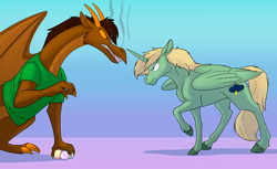 Size: 1296x792 | Tagged: safe, artist:foxenawolf, oc, oc only, oc:mark wells, alicorn, dragon, pony, fanfic:mark my words, alicorn oc, clothes, duo, fanfic art, female, horn, male, shirt, smoking mouth, stallion, wings