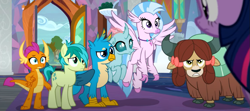 Size: 943x418 | Tagged: safe, screencap, gallus, ocellus, sandbar, silverstream, smolder, twilight sparkle, yona, alicorn, changedling, changeling, classical hippogriff, dragon, earth pony, griffon, hippogriff, pony, yak, g4, uprooted, bow, cloven hooves, colored hooves, cropped, hair bow, jewelry, monkey swings, necklace, student six, twilight sparkle (alicorn)