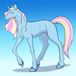 Size: 1000x1000 | Tagged: safe, artist:foxenawolf, oc, oc only, pony, unicorn, fanfic:brave new pony world, concave belly, female, gradient background, hooves, mare, solo, unshorn fetlocks