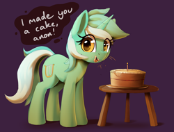 Size: 2100x1600 | Tagged: safe, artist:thebatfang, lyra heartstrings, pony, unicorn, g4, bite mark, cake, cute, dialogue, female, food, frosting, full body, implied anon, l.u.l.s., lies, looking at you, lyrabetes, mare, messy, solo, stool, talking to viewer