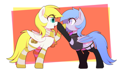 Size: 2880x1620 | Tagged: safe, artist:thebatfang, oc, oc only, oc:lucky roll, oc:sweet cream, bat pony, pegasus, pony, bat pony oc, bat wings, boop, clothes, duo, female, garter belt, mare, mutual booping, pegasus oc, scarf, simple background, socks, striped socks, surprised, wings