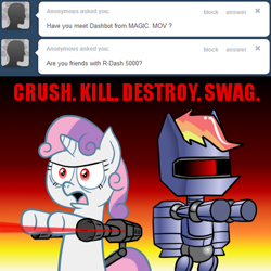 Size: 500x500 | Tagged: safe, artist:scramjet747, rainbow dash, sweetie belle, pegasus, pony, robot, robot pony, unicorn, .mov, magic.mov, g4, angry, anonymous, bipedal, crush kill destroy swag, female, filly, foal, frown, horn, jetpack, mare, multicolored hair, pony.mov, r-dash 5000, rainbot dash, rainbow hair, sweetie bot, sweetie bot replies, text, tumblr, xk-class end-of-the-world scenario