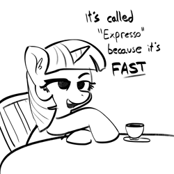 Size: 2250x2250 | Tagged: safe, artist:tjpones, twilight sparkle, pony, unicorn, g4, black and white, coffee, cup, dialogue, espresso, female, grayscale, high res, lidded eyes, mare, misspelling, monochrome, simple background, sketch, solo, unicorn twilight, white background, wrong