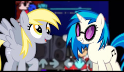 Size: 640x372 | Tagged: safe, derpy hooves, dj pon-3, vinyl scratch, pegasus, pony, unicorn, g4, friday night funkin', glasses, happy, looking at each other, looking at someone, smiling, smiling at each other, sunglasses, youtuber:androsonic2