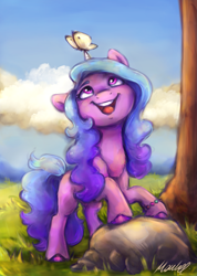 Size: 1567x2204 | Tagged: safe, artist:buttersprinkle, izzy moonbow, butterfly, insect, pony, unicorn, g5, my little pony: a new generation, bracelet, butterfly on horn, cloud, cute, female, friendship bracelet, grass, happy, horn, izzybetes, jewelry, looking up, mare, open mouth, open smile, rock, smiling, solo, tree