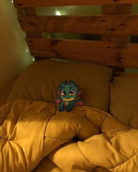 Size: 720x900 | Tagged: safe, artist:artistmythical, sparky sparkeroni, dragon, g5, baby, baby dragon, bed, blanket, cute, dragons in real life, irl, looking at you, male, photo, pillow, solo