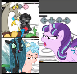 Size: 1310x1269 | Tagged: safe, cozy glow, discord, queen chrysalis, starlight glimmer, changeling, changeling queen, draconequus, pegasus, pony, unicorn, g4, eduardo (eddsworld), female, fight, friday night funkin', male, youtuber:androsonic2