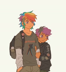 Size: 1837x2009 | Tagged: safe, artist:dinottosaur, rainbow dash, scootaloo, human, g4, backpack, bad religion, blink-182, blushing, buttons, clothes, duo, female, hand in pocket, humanized, pride, pride flag, shirt, simple background, sweat, sweatdrops, sweater, transgender pride flag, water bottle, white background