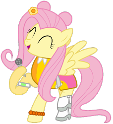 Size: 739x812 | Tagged: safe, artist:pagiepoppie12345, fluttershy, pegasus, pony, g4, ami onuki, boots, bracelet, dexterous hooves, eyes closed, female, flower, girly girl, hair bun, hi hi puffy ami yumi, holding, jewelry, mare, microphone, noodle arms, shoes, simple background, smiling, spread wings, transparent background, wings, wristband