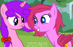 Size: 913x583 | Tagged: safe, artist:dark galaxy, oc, oc:candlelight warmth, oc:cheery bell, bat pony, pony, unicorn, bat pony oc, female, horn, mare, playing, sibling love, sister, sisterly love, unicorn oc