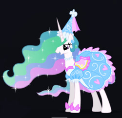 Size: 1536x1488 | Tagged: safe, artist:mixermike622, princess celestia, alicorn, pony, g4, beautiful, black background, bow, clothes, dress, ear piercing, flower, flower in hair, froufrou glittery lacy outfit, girly, happy, hat, hennin, jewelry, majestic, necklace, piercing, princess, simple background