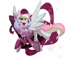 Size: 3362x2689 | Tagged: safe, artist:geraritydevillefort, oc, oc only, oc:blazey sketch, pegasus, pony, birthday gift, blushing, bow, clothes, green eyes, grey fur, hair bow, happy, high res, large wings, long hair, multicolored hair, pegasus oc, simple background, smiling, solo, sparkles, spread wings, sweater, white background, wings