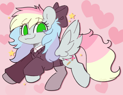 Size: 1406x1089 | Tagged: safe, artist:sakukitty, oc, oc only, oc:blazey sketch, pegasus, pony, birthday gift, blushing, bow, clothes, green eyes, grey fur, hair bow, heart, heart background, multicolored hair, pegasus oc, simple background, small wings, solo, spread wings, sweater, wings