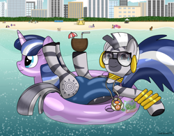 Size: 9030x7030 | Tagged: safe, artist:small-brooke1998, derpy hooves, dj pon-3, doctor whooves, flash sentry, octavia melody, time turner, twilight sparkle, vinyl scratch, zecora, oc, alicorn, earth pony, inflatable pony, pegasus, pony, unicorn, zebra, g4, beach, city, clothes, cute, drink, ear piercing, female, glasses, inflatable, inflatable toy, inflatable unicorn, male, mare, neck rings, ocean, one-piece swimsuit, pacifier, piercing, pool toy, ship:flashlight, shipping, straight, swimsuit, transformation, water, zecorable
