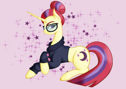 Size: 1024x722 | Tagged: safe, artist:javira-butterfly, moondancer, pony, unicorn, g4, 2017, alternate hairstyle, clothes, crossed legs, female, glasses, hair bun, lidded eyes, mare, old art, solo, sweater