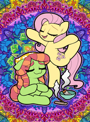 Size: 2480x3366 | Tagged: safe, artist:moozua, fluttershy, tree hugger, earth pony, pegasus, pony, g4, duo, duo female, eyes closed, female, high res, incense, mare, sage, tail, tree stoner